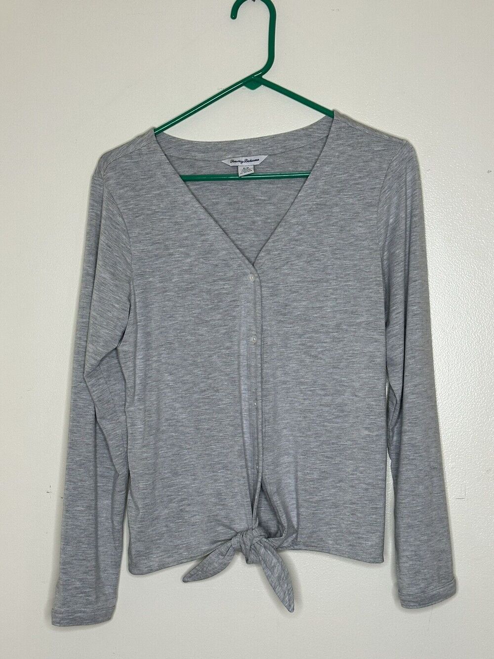 Tommy Bahama Kauai Tie Front Camp Shirt Womens Size Sm Long Sleeve V Neck Gray
